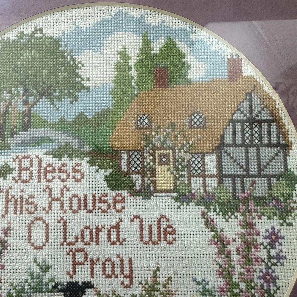 Vintage Bless This House‎ Cross Stitch Art Framed 13x13 Inch Christian Prayer